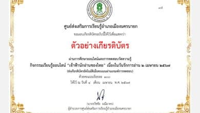 แบบทดสอบออนไลน์ "เจ้าฟ้านักอ่านของไทย" เนื่องในวันรักการอ่าน ๒ เมษายน ๒๕๖๗ ผ่านเกณฑ์ ๗๐ % รับเกียรติบัตรผ่านทาง E-mail โดยศูนย์ส่งเสริมการเรียนรู้อำเภอเมืองนครนายก