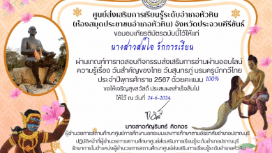 กิจกรรมส่งเสริมการอ่านผ่านออนไลน์แบบทดสอบความรู้ วันสำคัญของไทย เรื่อง วันสุนทรภู่ บรมครูนักกวีไทย 2567 ผ่านเกณฑ์ 60 % รับเกียรติบัตร ทาง e-mail โดยห้องสมุดประชาชนอำเภอหัวหิน