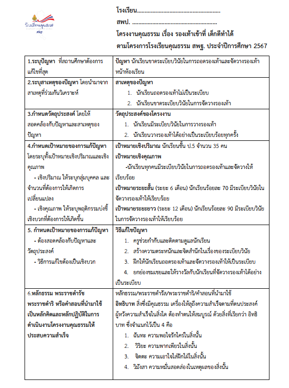 แจกไฟล์ โครงงานคุณธรรม เรื่อง รองเท้าเข้าที่ เด็กดีทำได้ ตามโครงการโรงเรียนคุณธรรม สพฐ. ไฟล์ Word แก้ไขได้