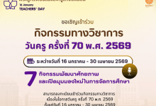 อบรมออนไลน์ฟรี กิจกรรมวิชาการเนื่องในโอกาสงานวันครู ครั้งที่ 70 พ.ศ. 2569 “พระผู้ทรงเป็นแม่และครูแห่งแผ่นดิน” อบรมออนไลน์วันครู ปี 2569 รับเกียรติบัตรจากคุรุสภา