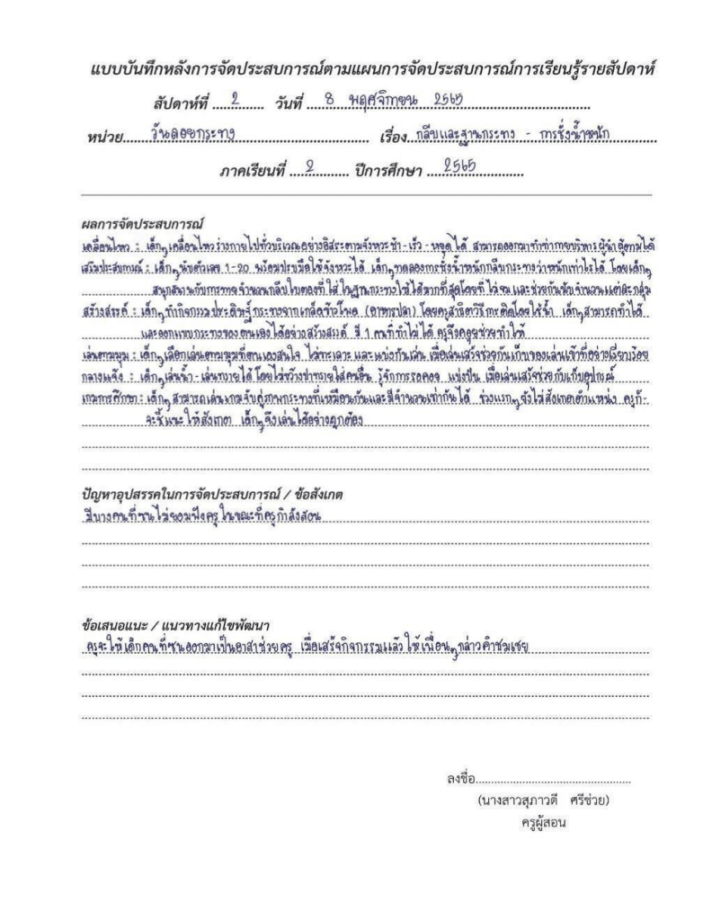 ตัวอย่างไฟล์ แนวทางการเขียนบันทึกหลังสอน แผนการจัดประสบการณ์ หลังแผนของประเด็นท้าทายใน PA