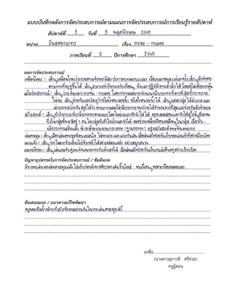 ตัวอย่างไฟล์ แนวทางการเขียนบันทึกหลังสอน แผนการจัดประสบการณ์ หลังแผนของประเด็นท้าทายใน PA