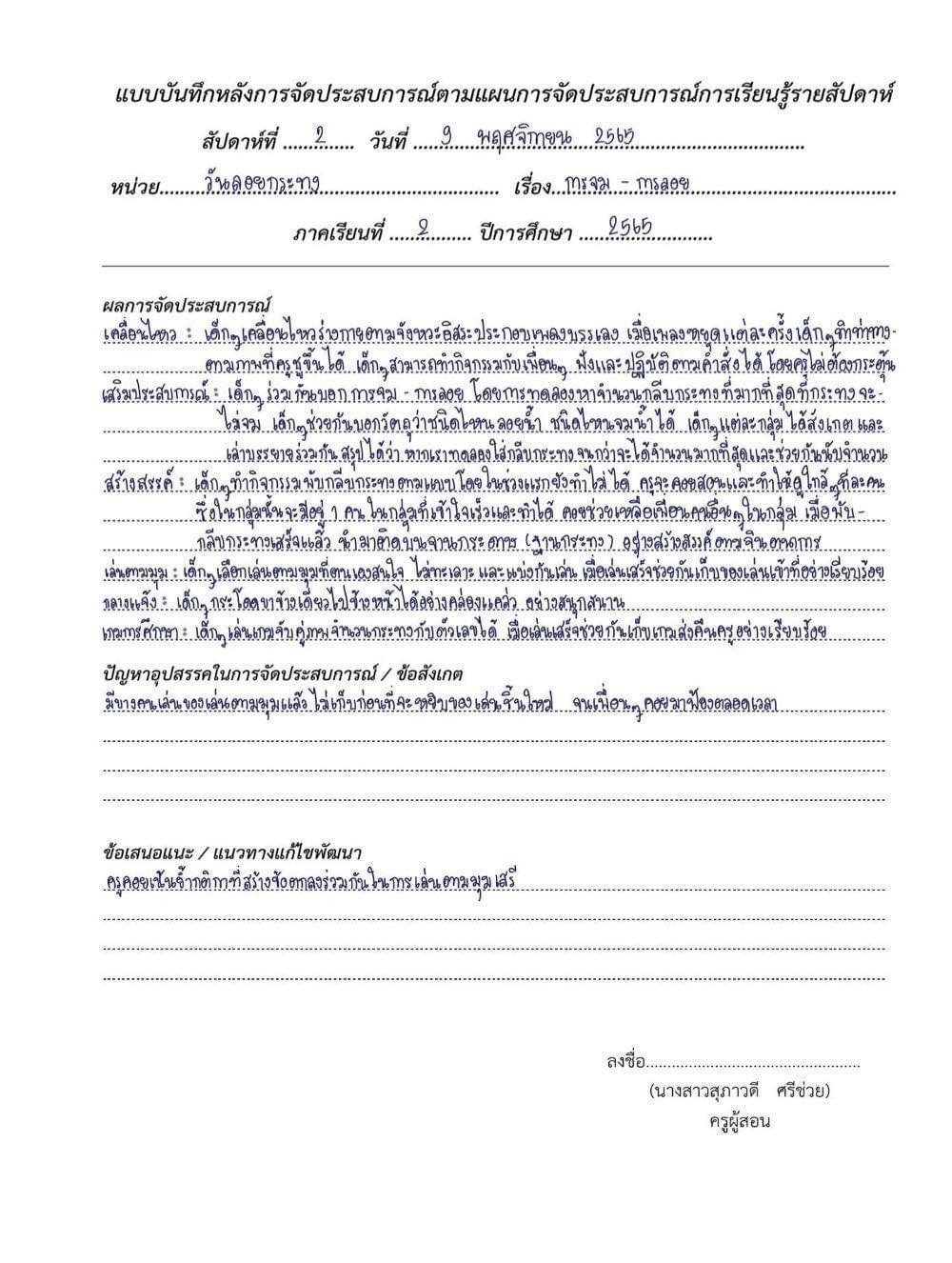 ตัวอย่างไฟล์ แนวทางการเขียนบันทึกหลังสอน แผนการจัดประสบการณ์ หลังแผนของประเด็นท้าทายใน PA
