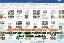 แจกไฟล์ รายงานผลการจัด 20 กิจกรรมทดลอง ตามโครงการบ้านวิทยาศาสตร์น้อย ประเทศไทย ไฟล์ Word แก้ไขได้ โดย รร.บ้านคลองชะนี